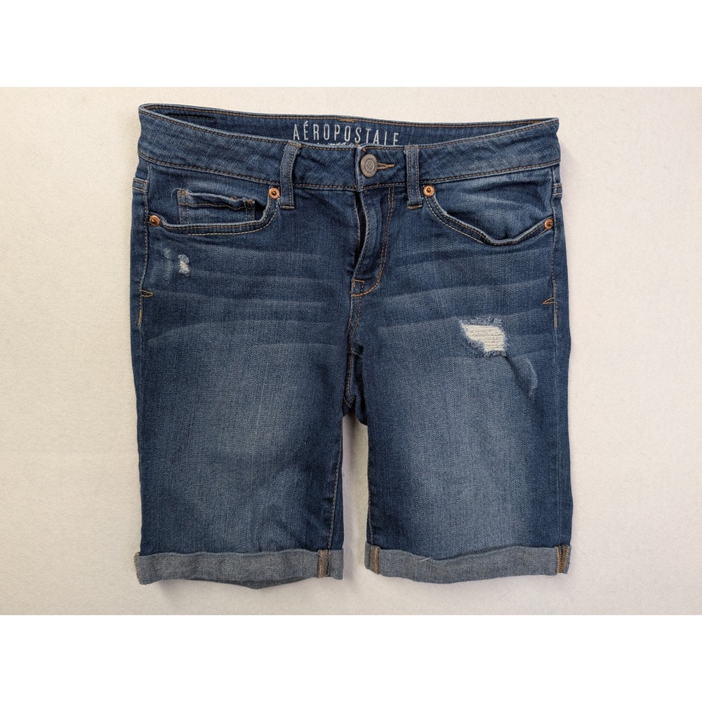Aeropostale Womens Bermuda Shorts Size 2 Distressed Cuffed Blue Denim